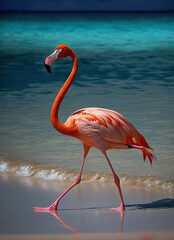 a flamingo walking on a beach next to the ocean 