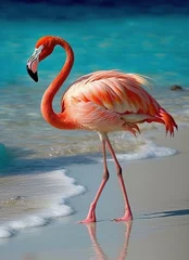 Fotobehang a flamingo walking on a beach next to the ocean  © vvalentine