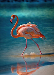 a flamingo walking on a beach next to the ocean 