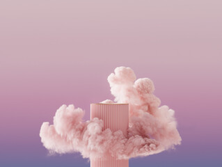 3D display podium, pastel pink an violet background. Cloud levitating. Sunset sky concept. Nature Beauty, cosmetic product presentation pedestal. Bright 3d render mockup. Banner template