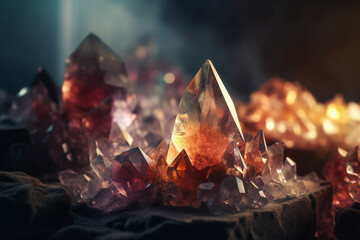 Formation of fiery quartz crystals. Created with generative AI technology.