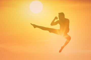 Fototapeta na wymiar MMA martial arts concept. Man doing a jump kick in the air. 