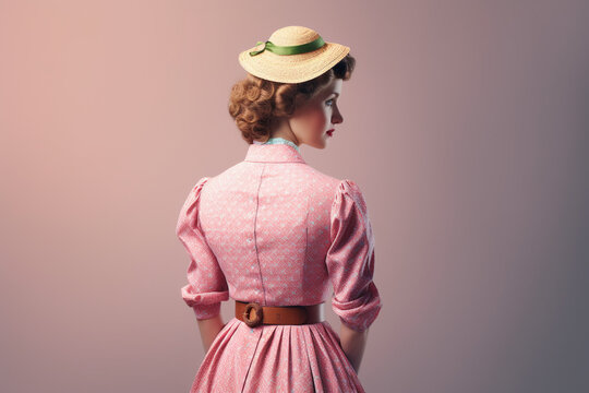 Woman dressed in clothes of the 1910s, dress and hat on pink background, back side view, created with Generative AI Technology