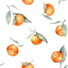 Seamless watercolour citrus fruits and leaves pattern. Green leaves and orange fruits on white background. Seamless mandarin and oranges watercolour illustration