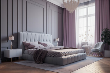Fototapeta premium Cozy bedroom for woman, lilac light colors. Super photo realistic background, generative ai illustration