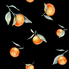 Seamless watercolour citrus fruits and leaves pattern. Green leaves and orange fruits on black background. Seamless mandarin and oranges watercolour illustration