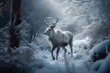Magical reindeer lost in snowy forest. Christmas holiday. Generative AI
