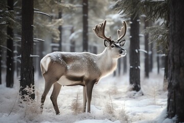 Reindeer in fir forest. Christmas holiday. Generative AI