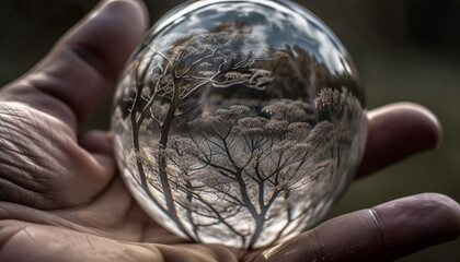Hand holding fragile sphere, nature magnified detail generated by AI