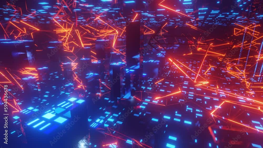 Poster hi-tech neon sci-fi tunel. trendy neon glow lines form pattern and construction in mirror tunnel. la