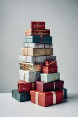  Large stack of Christmas gifts in the shape of a high mountain.Generative AI 