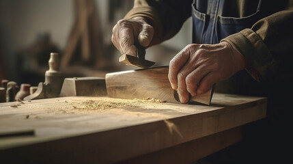 Hands of craftsman carve with a gouge in the hands on the workbench in carpentry. Generative Ai