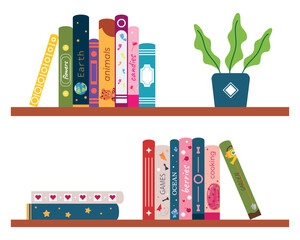 Vector illustration of shelves with colorful stacks of childrens books and flower pots. Cartoon shelves with various books about flowers, candies, planet, games, ocean, cooking, garden on white.