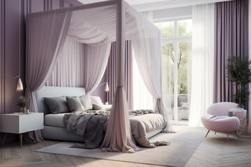 Cozy bedroom for woman, lilac light colors. Super photo realistic background, generative ai illustration