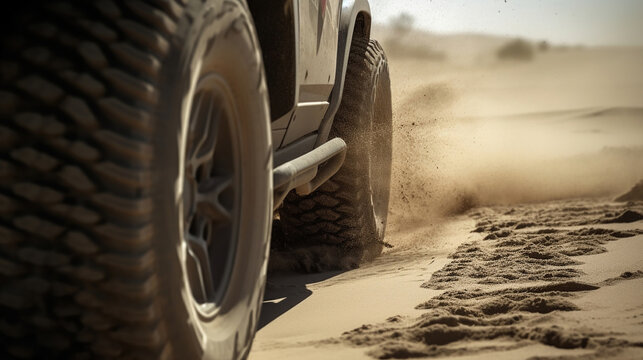 Detailed view of motion the wheels tires and off-road truck shaft that goes in the dust of the desert through the wheels on the sand. Generative Ai