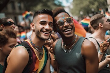Gay couple dancing at a pride parade