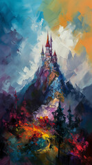 Fototapeta na wymiar Majestic castle with towering spire, purple atmospheric painting, natural landscape with tree, perfect for art and design projects, generative AI.