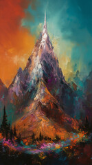 Majestic castle with towering spire, surrounded by natural landscape and mountain, painted in art style with atmospheric phenomenon, generative AI.