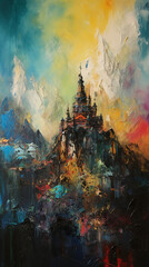 Majestic castle spire reaching towards the sky, atmospheric painting with clouds and nature, generative AI.