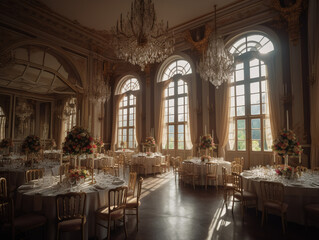 Fototapeta na wymiar Lavish banquet in grand castle hall, elegant furniture and tableware, stunning interior design with window and ceiling decorations, perfect for events and celebrations, generative AI.