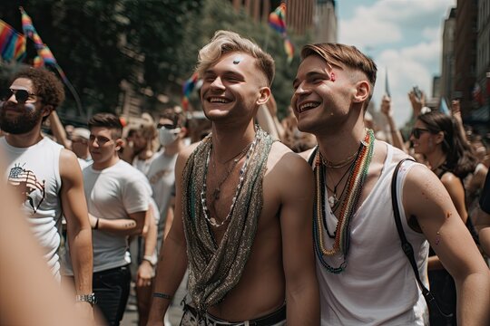 Gay couple having fun and dancing at a Pride Parade