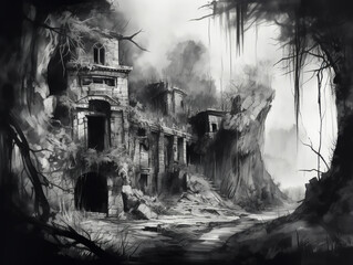 Crumbling castle ruins with overgrown plants, atmospheric black and white painting style, world building concept, clouds and trees, generative AI.