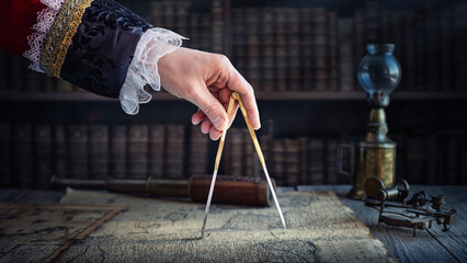 The captain of the old ship paves the course with the help of vintage maps and nautical divider. Old discovery, explorer, history, pirates, travel, geography and navigate background.
