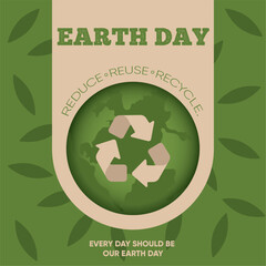 Green poster with planet earth and recyclable symbol Earth day Vector