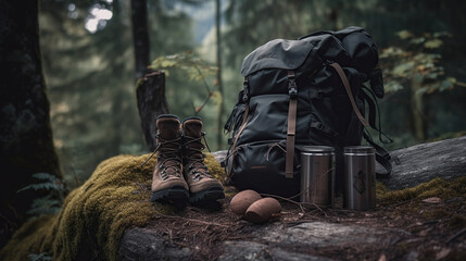 Hiking and camping equipment in forest. Generative Ai