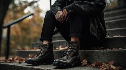 Woman wearing trench coat sitting on staircase and tying shoelace on her ankle boot. Autumn fashion collection. Generative Ai