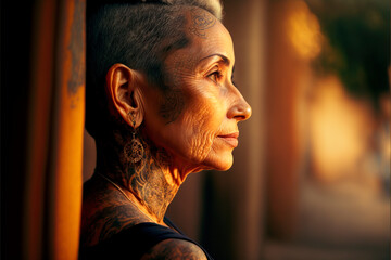 portrait of a person, portrait of an elderly woman with tattoos, piercing and hindu features, image generated with ia