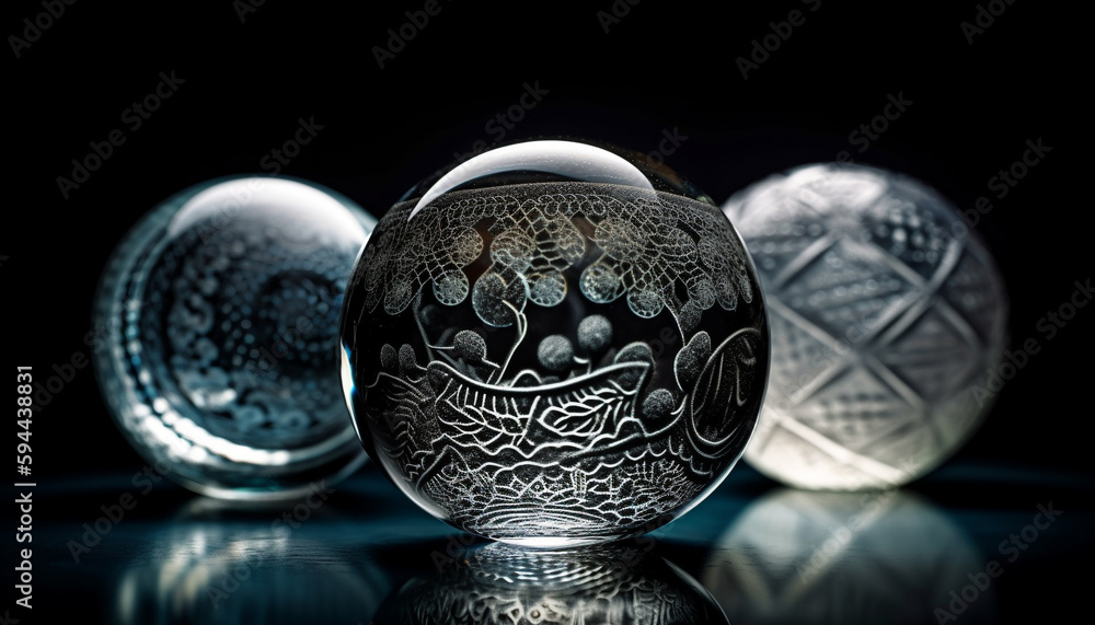 Poster shiny sphere on glass table reflects patterns abstractly generated by ai