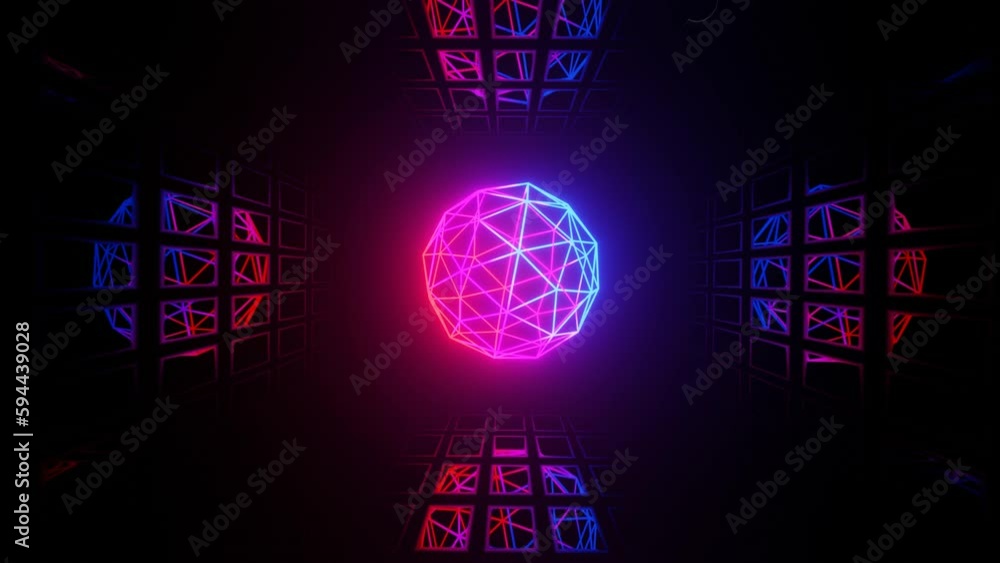 Poster vj loop mirror room with fly neon frame sphere structure. abstract festive bg with bright reflection