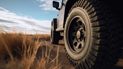 Truck car wheel on offroad steppe adventure trail. Generative Ai