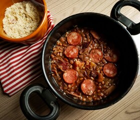 fresh bean in black pot with bacon and calabrian and wooden background