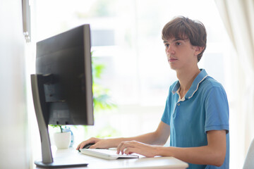 Teenager working on computer. Student with laptop.