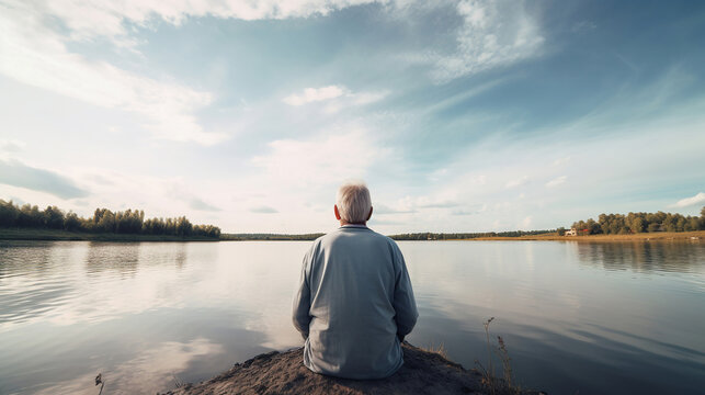 senior man pensioner sitting by lake in nature, doing yoga exercise. Generative Ai