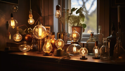 Fototapeta na wymiar Glowing old fashioned lantern brightens rustic home interior generated by AI