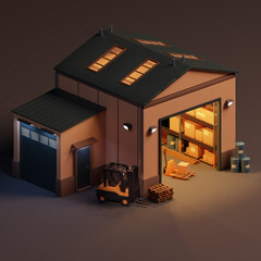 isometric warehouse building with forklift and boxes, 3d illustration