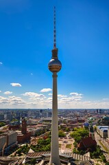 Obraz premium Berlin TV Tower in Germany. Panoramic view over Berlin from the panorama point in the roof of the Hotel Park Inn Berlin, Germany.