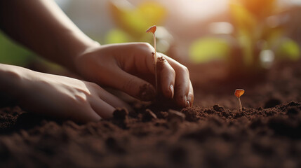 Fototapeta premium Close Up Plant in Female Hands. Care of the Environment. Ecology concept. Generative Ai