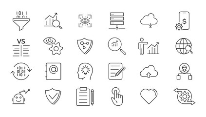 Big data analysis thin line icon set. Data processing outline pictograms for website and mobile app GUI. Digital analytics simple UI, UX vector icons