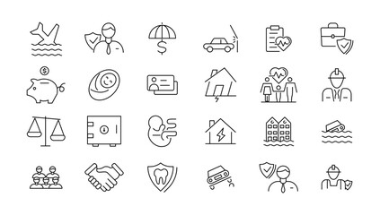 Obraz na płótnie Canvas Insurance elements - minimal thin line web icon set. Outline icons collection. Simple vector illustration