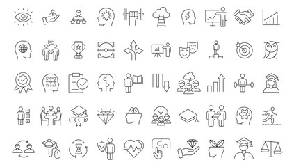 Vector set thin icons related to career progress, coaching, business people training, tutorship and professional consulting service. Mono line pictograms and infographics design elements