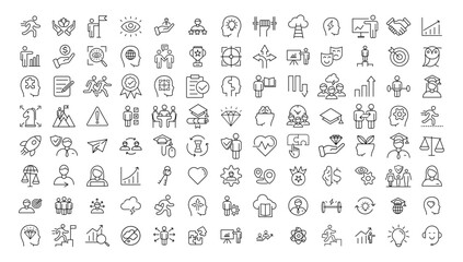 Vector set thin icons related to career progress, coaching, business people training, tutorship and professional consulting service. Mono line pictograms and infographics design elements