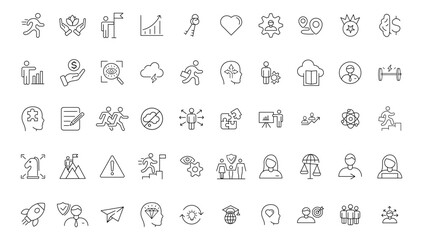 Vector set thin icons related to career progress, coaching, business people training, tutorship and professional consulting service. Mono line pictograms and infographics design elements
