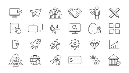 Digital marketing icons set. Content, search, marketing, ecommerce, seo, electronic devices, internet, analysis, social and more line icon.