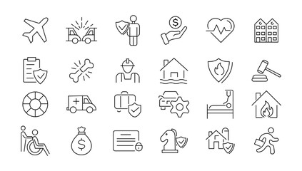  Insurance elements - minimal thin line web icon set. Outline icons collection. Simple vector illustration