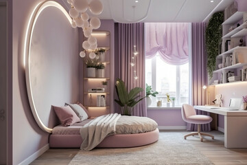 Cozy modern children bedroom for girl, lilac light colors. Super photo realistic background, generative ai illustration