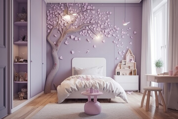 Cozy modern children bedroom for girl, lilac light colors. Super photo realistic background, generative ai illustration